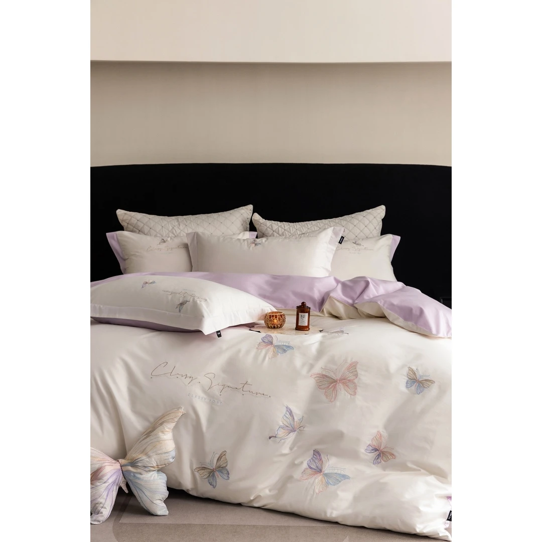 【晴美】轻奢优雅刺绣全棉四件套-蝴蝶飘逸系列-白