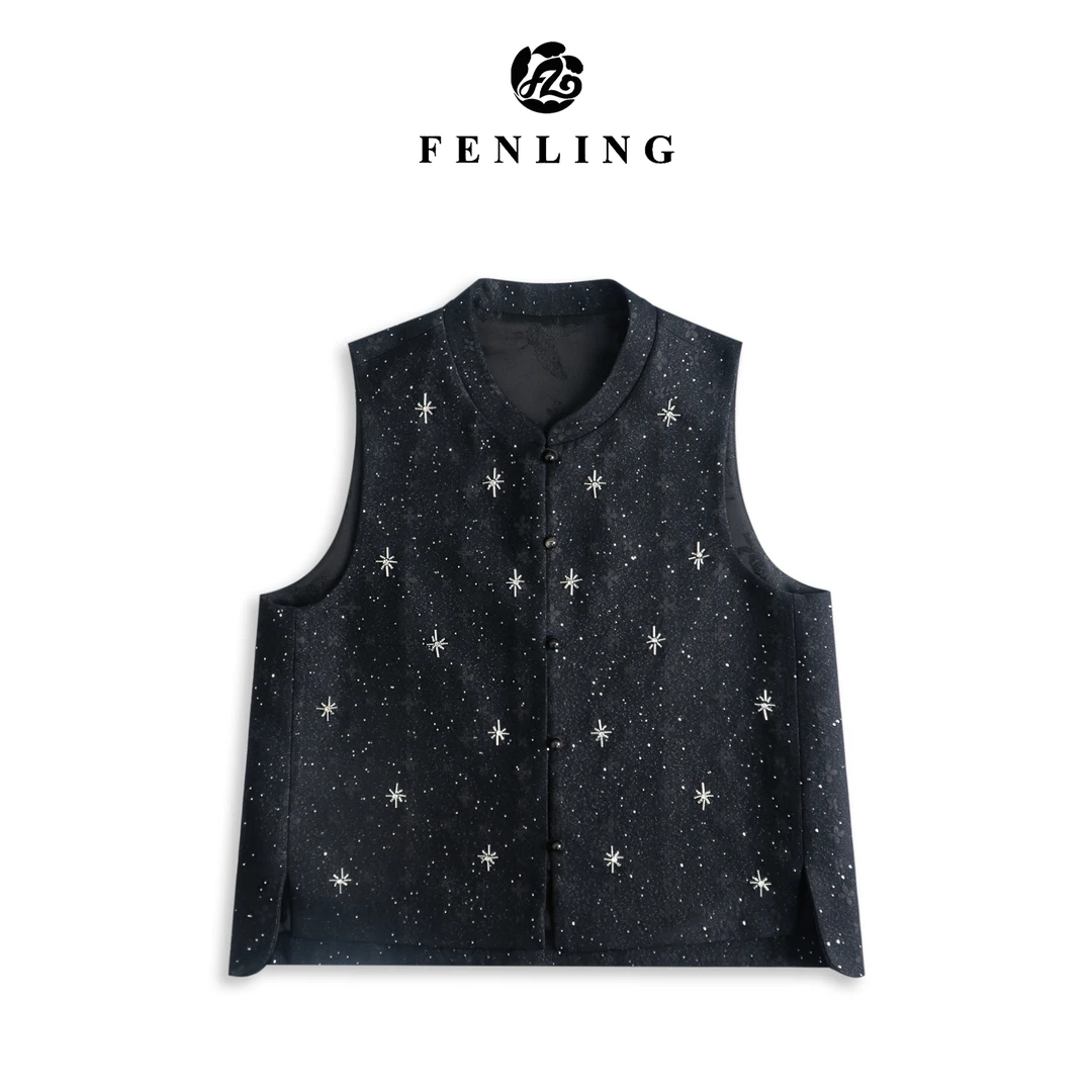 芬领-星夜-上久楷带钢印桑蚕丝丝毛手工钉珠提花马甲BX2070