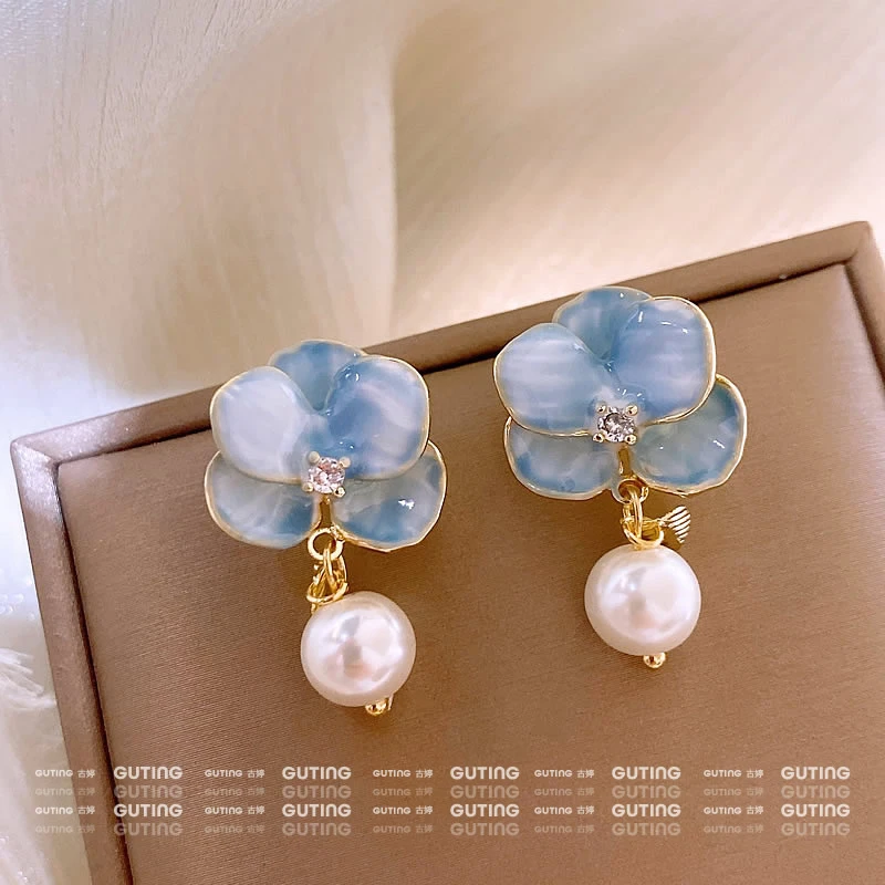 铜合金合成锆石耳饰 20539适合春夏蓝色花朵耳饰优雅大气珠珠耳钉
