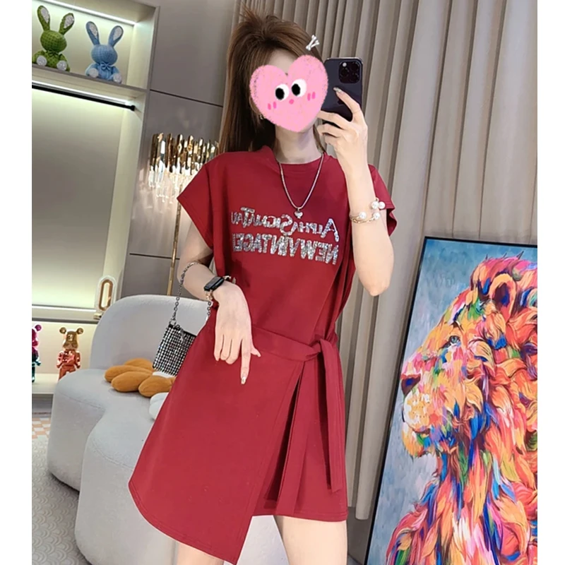 假两件系带收腰气质A字短裙子2025春秋新款高腰休闲短袖连衣裙女