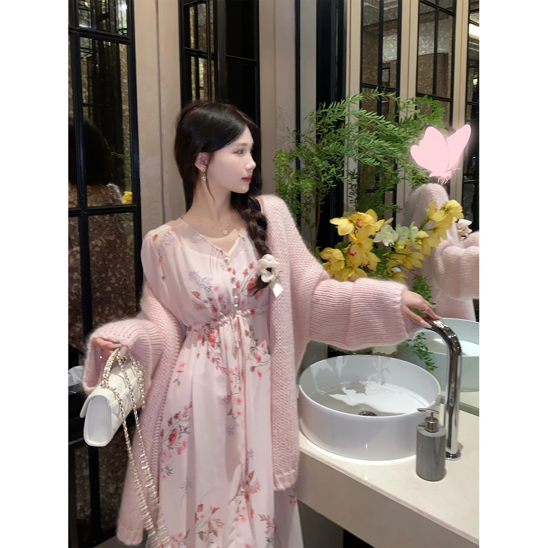 GA盈瓷重工大摆量雪纺法式碎花连衣裙女小个子长袖裙子 24FW0693