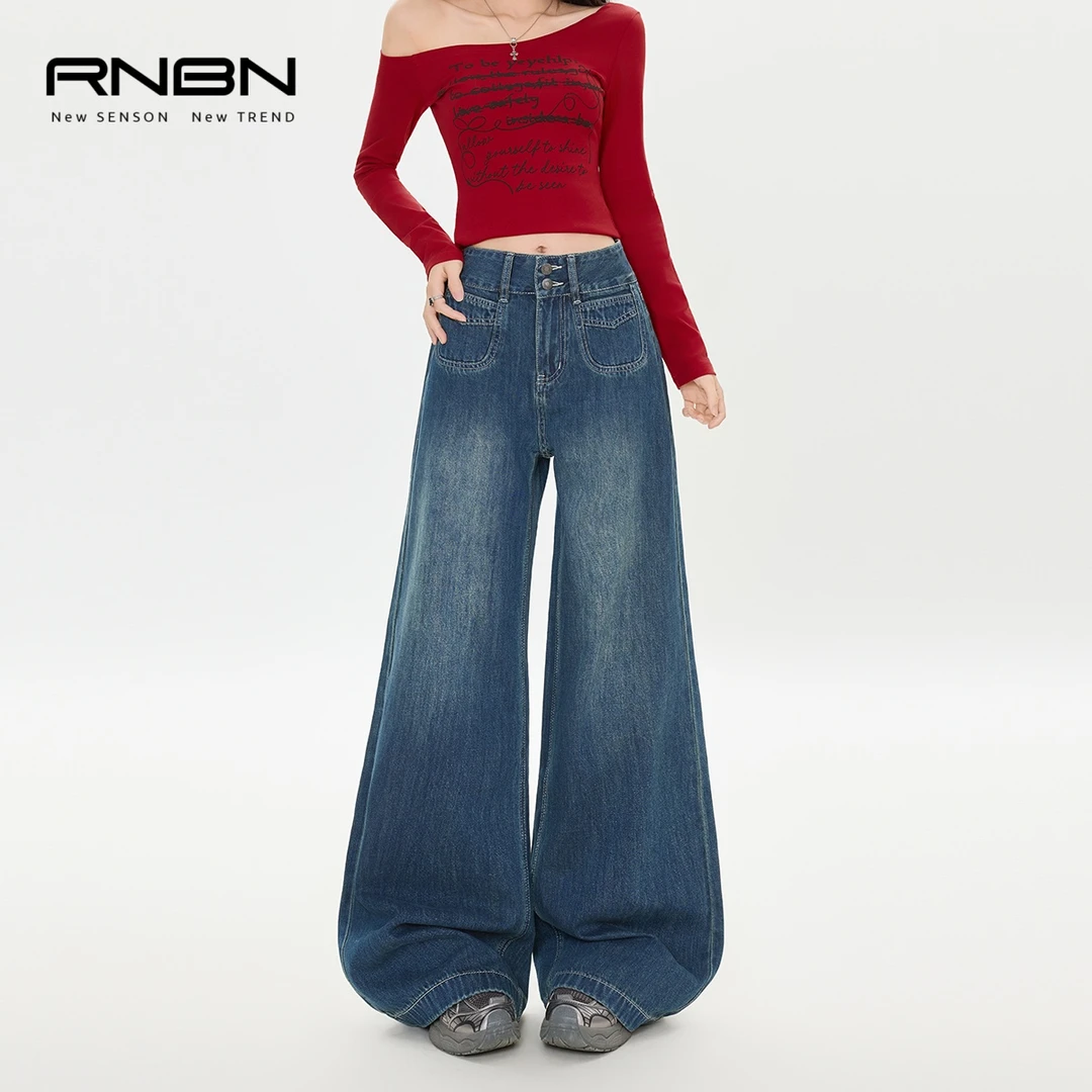 RNBN新款复古高腰双排扣宽松阔腿裤修身显瘦垂感百搭时尚牛仔裤