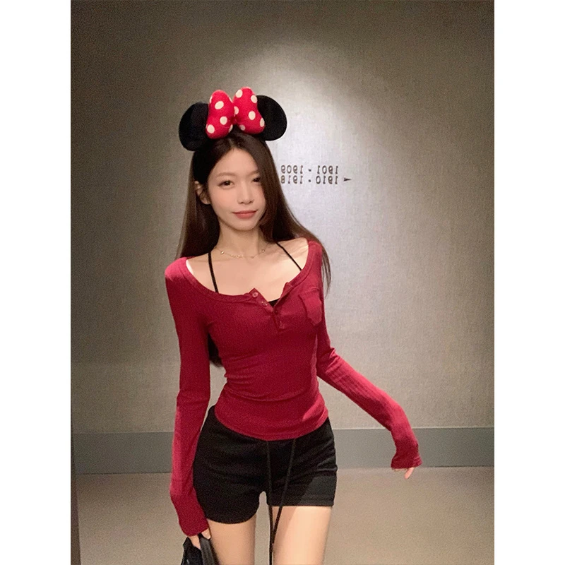 百搭修身美式复古辣妹方领排扣上衣掐腰显瘦长袖T恤甜辣打底t恤