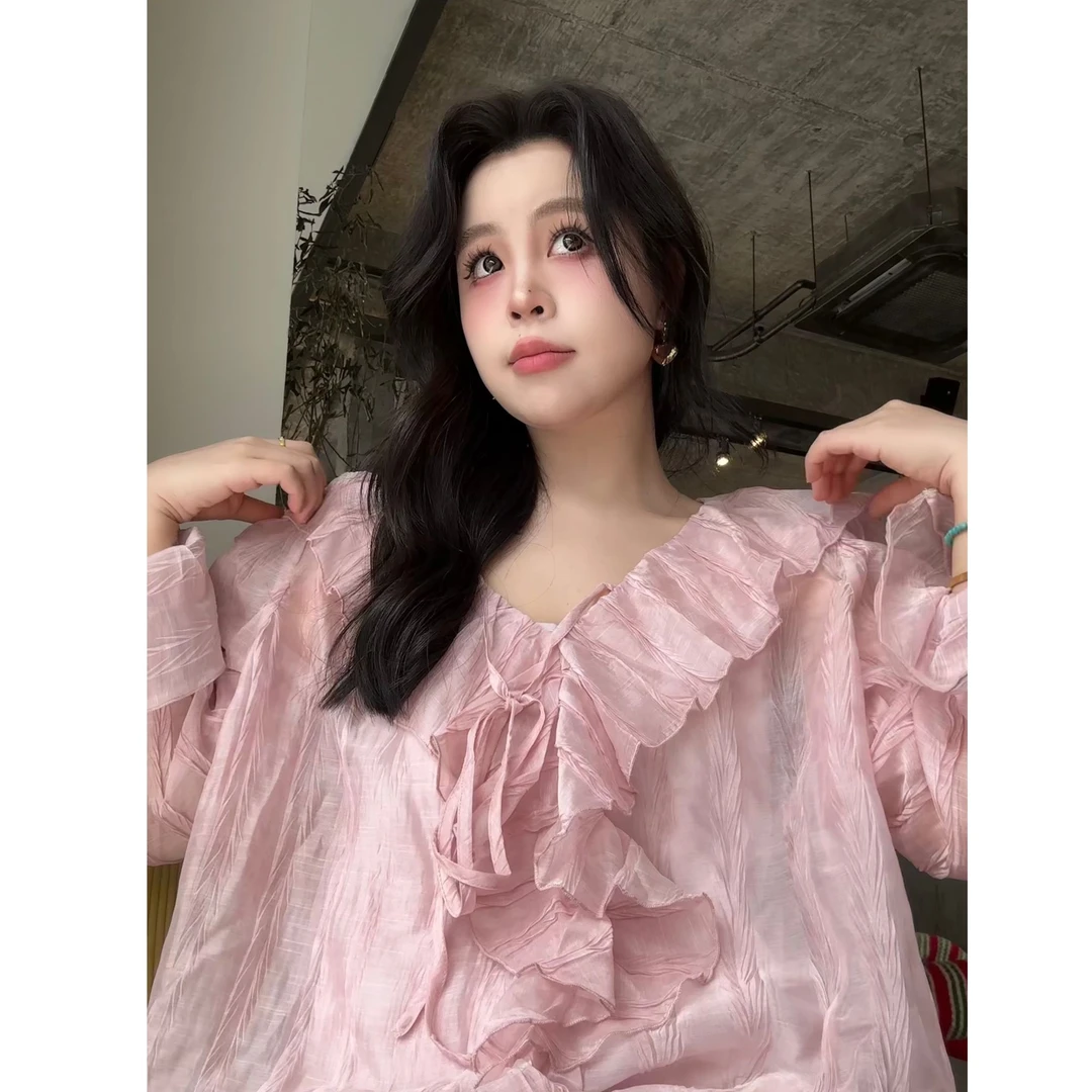 【春日拍档】小众设计感V领荷叶边休闲气质衬衫+吊带