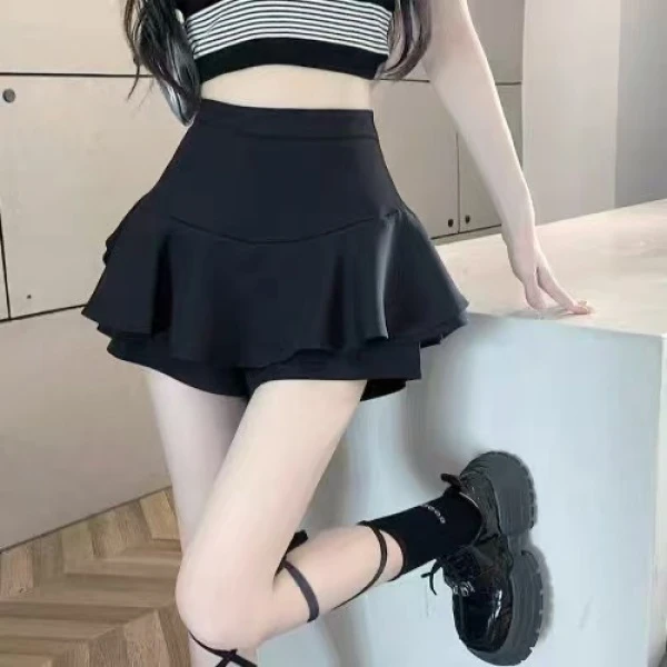 （小不点）高腰蓬蓬裙显瘦黑色短裙a字半身裙子短裤6893
