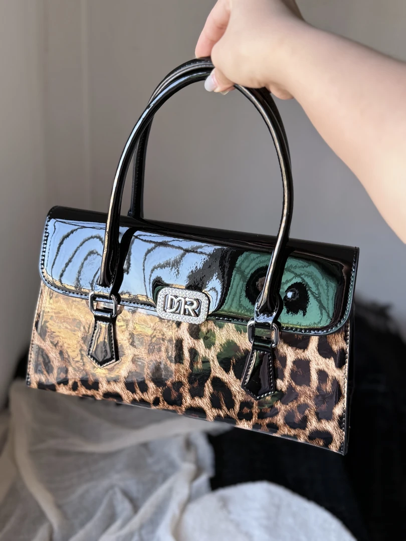 Vintage【福利】豹纹拼接漆皮枕头包包（手提/单肩/斜挎）