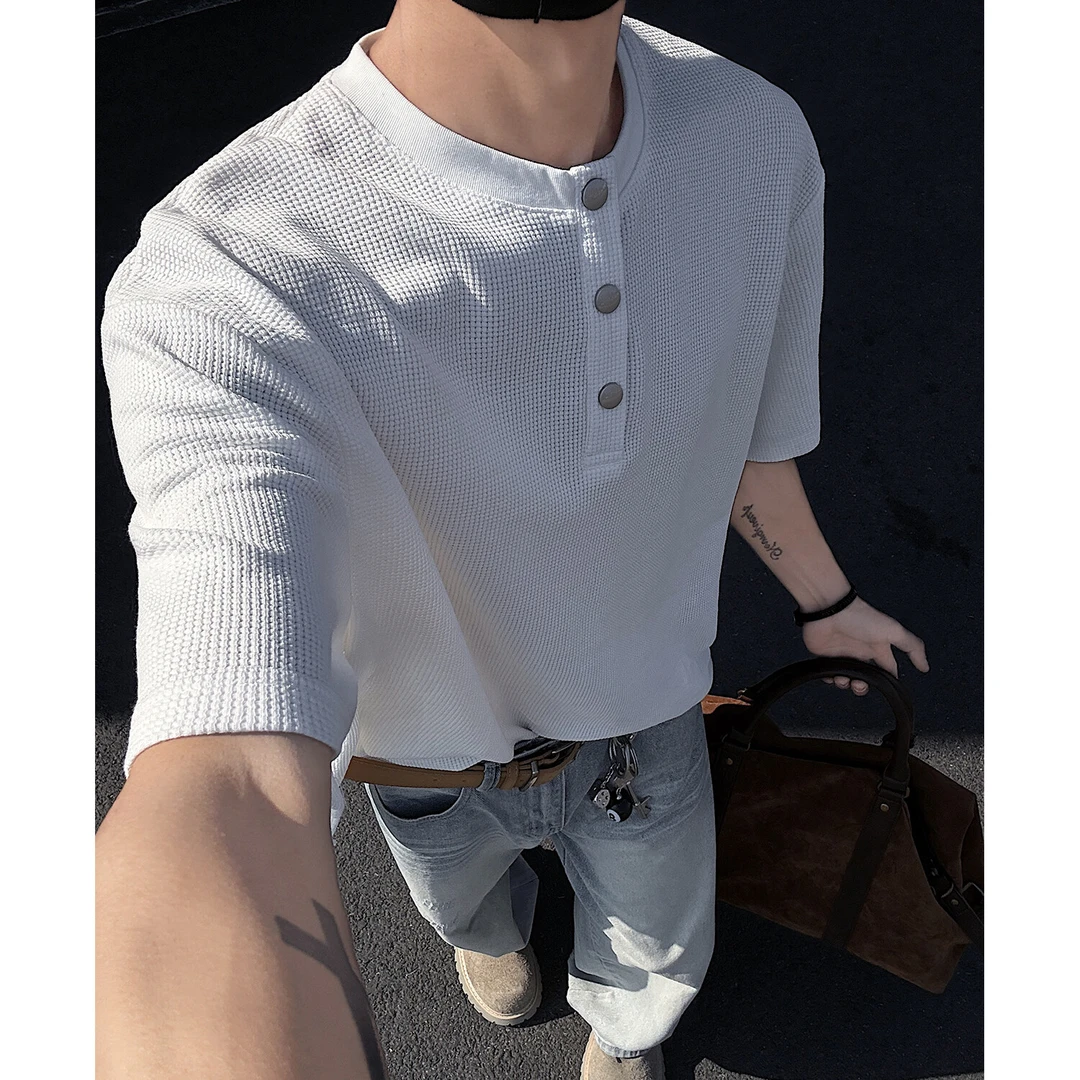 美式高街华夫格短袖男款夏季cleanfit亨利领t恤宽松polo衫半截袖