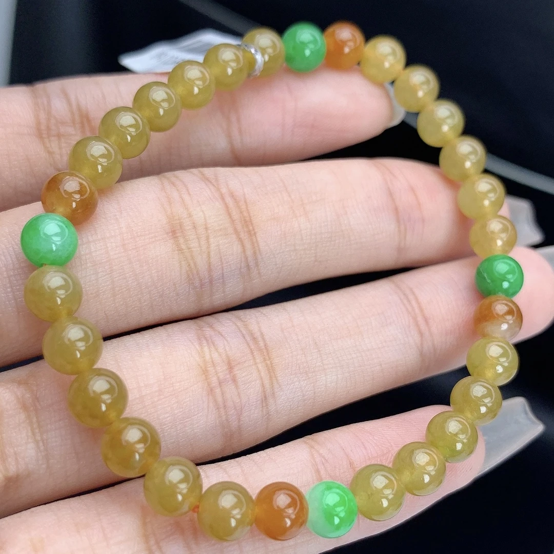 缅甸A货翡翠多宝黄加绿双色圆珠手链手串单圈T卡5.7mm