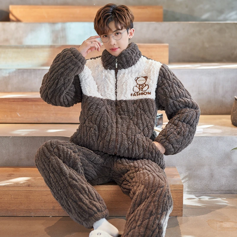 男士睡衣冬季三层夹棉加厚特厚保暖家居服棉袄套装