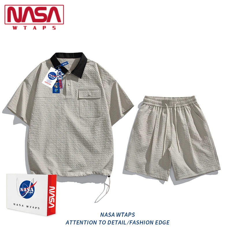 NASA WTAPS纹理感短袖衬衫套装男夏季翻领衬衣短裤休闲运动两件套