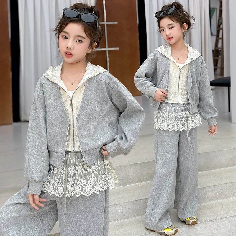 女童套装儿童时尚f蕾丝上衣假两件套装2025春季新款运动休闲连帽
