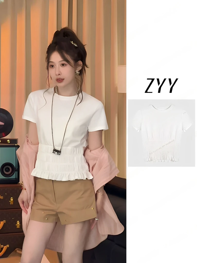 ZYY【元气甜豆】2025S/S新品韩系简约收腰松紧百搭T恤X25XTX00260