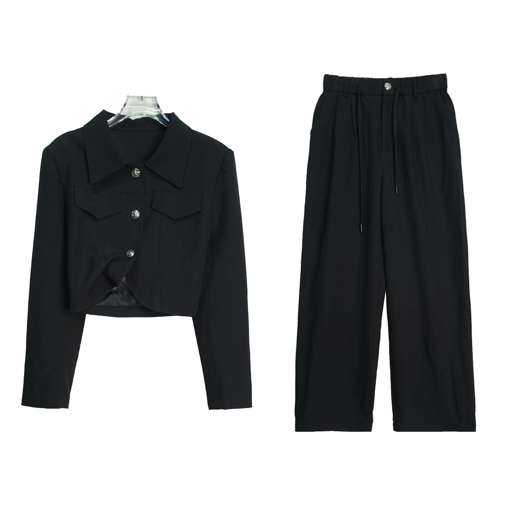 韩版黑色小香风短外套配高腰直筒裤时尚套装E23230