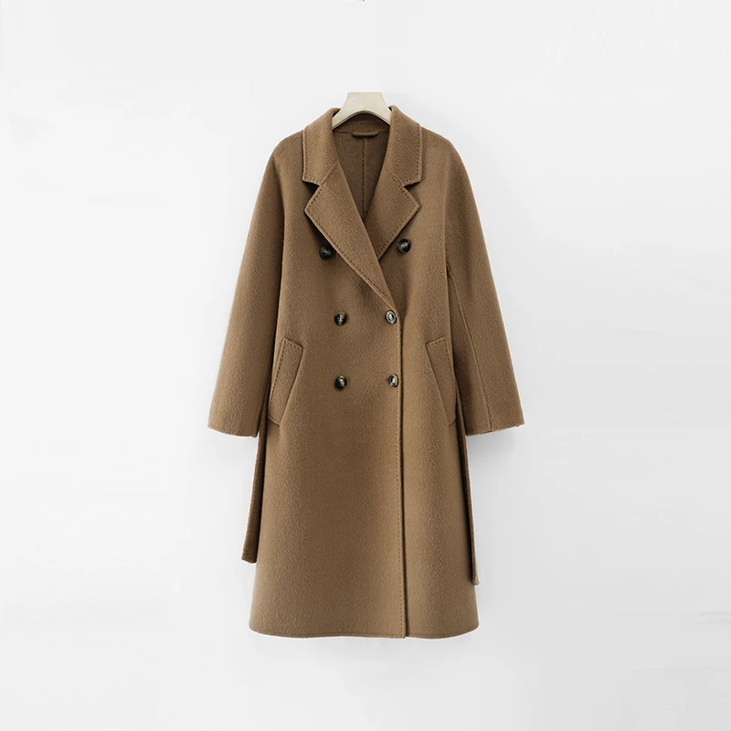 时尚女士经典翻领驼色毛呢中长款双面呢秋冬冬季双排扣大衣-801C