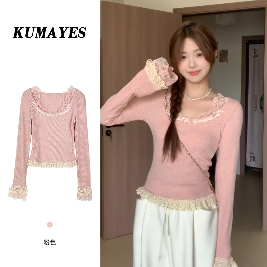 KUMAYES冬季纯欲蕾丝拼接圆领掐腰内搭针织衫女修身显瘦打底衫
