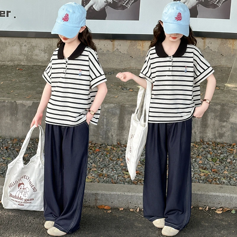 女童夏装短袖套装2025新款儿童条纹polo衫T恤上衣女孩洋气牛仔裤