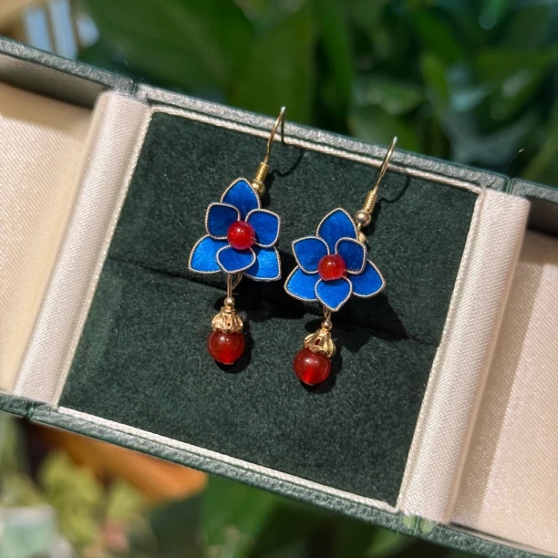 蓝色玉兰花掐丝耳饰 非遗技艺纯手工掐丝国风耳饰