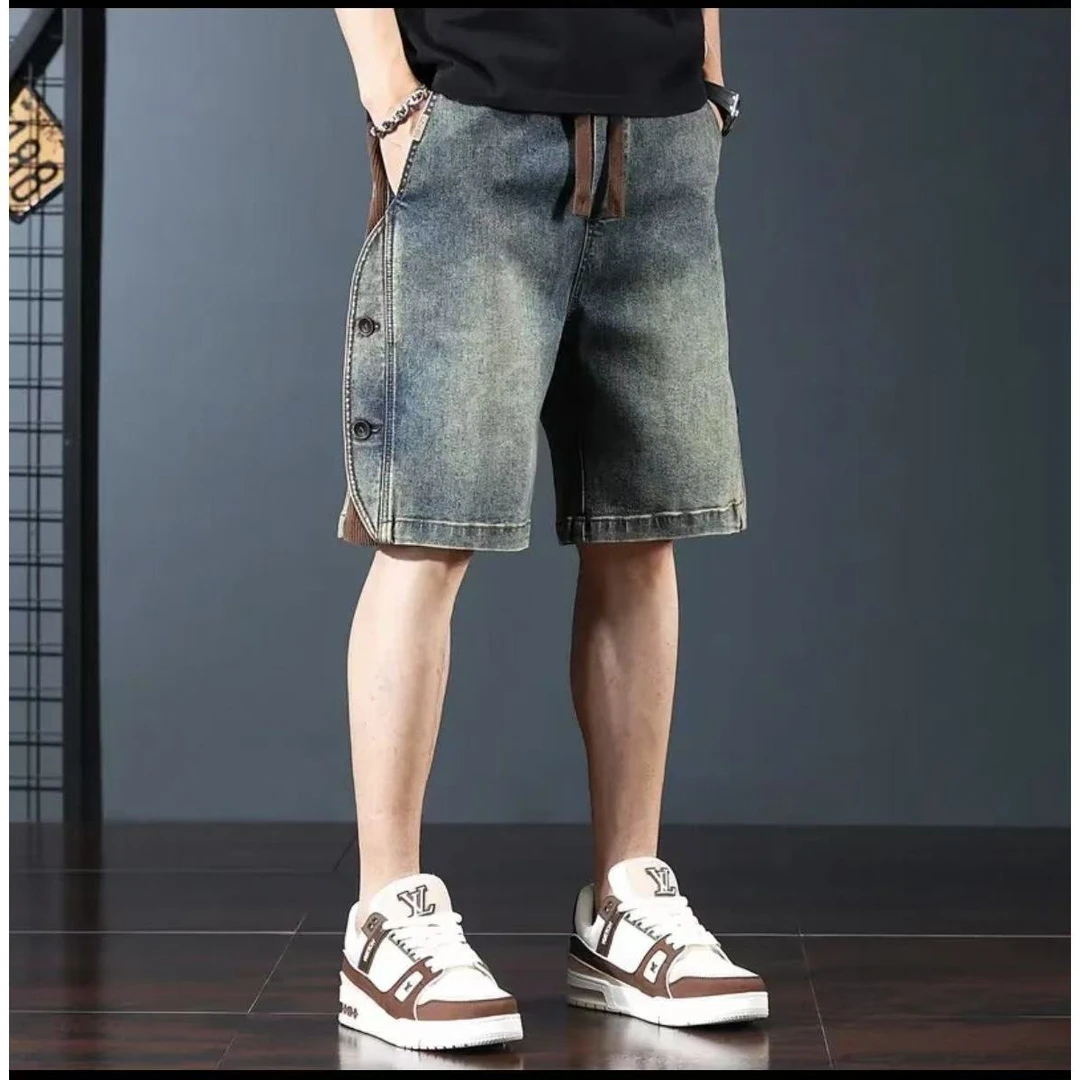 美式复古蓝色牛仔短裤男士直筒阔腿中裤夏季薄款宽松休闲五分裤男