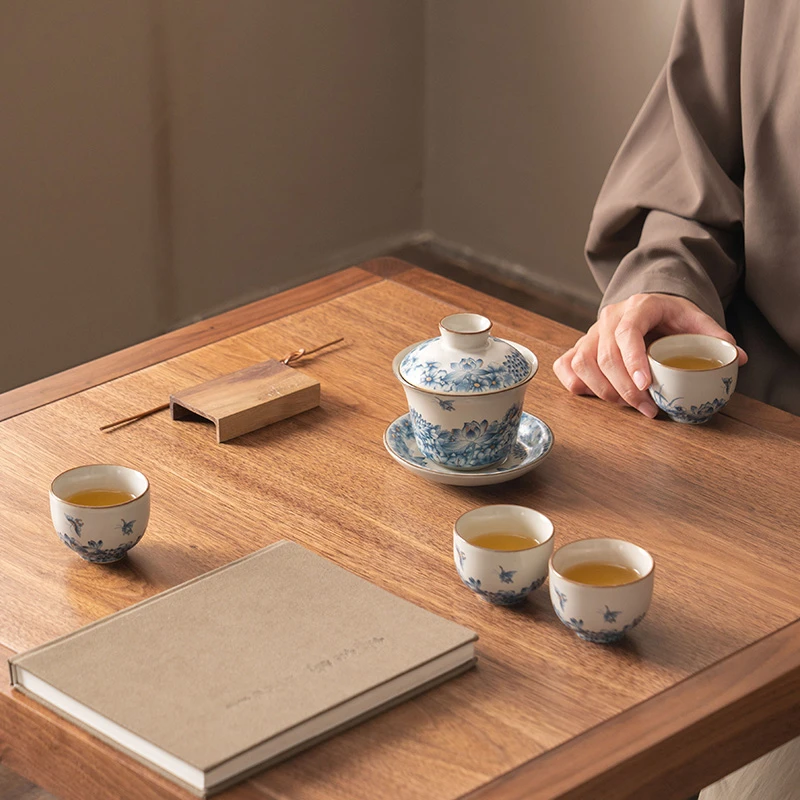 新款蝶恋花汝窑功夫茶具套装中式一壶三杯家用泡茶壶盖碗ZH1574