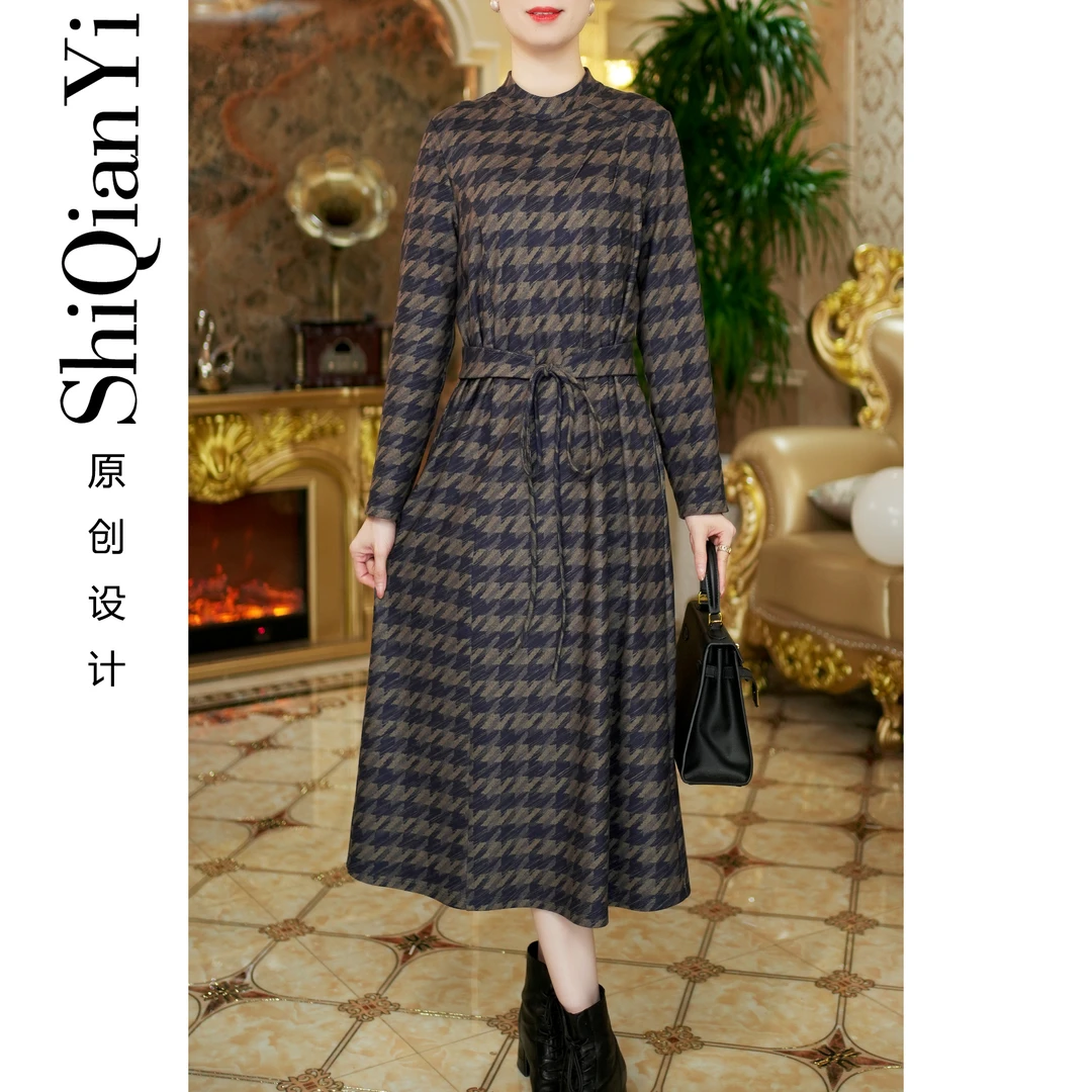 【诗千逸定制-千鸟】2024冬季保暖气质千鸟格时尚长袖连衣裙A1473