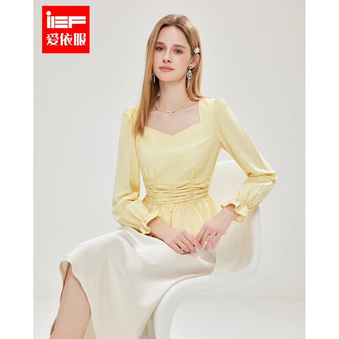 IEF/爱依服2025秋季新款方领纯色简约气质收腰显瘦上衣欧若风