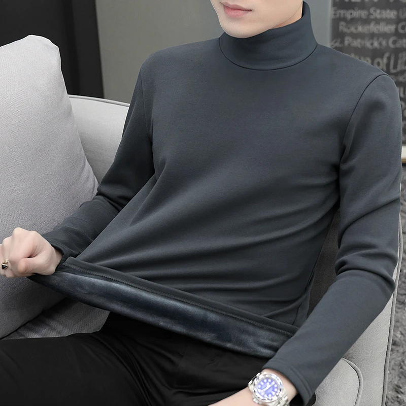 秋冬季高领打底衫男士长袖t恤加绒加厚纯色修身秋衣内衣保暖衣服