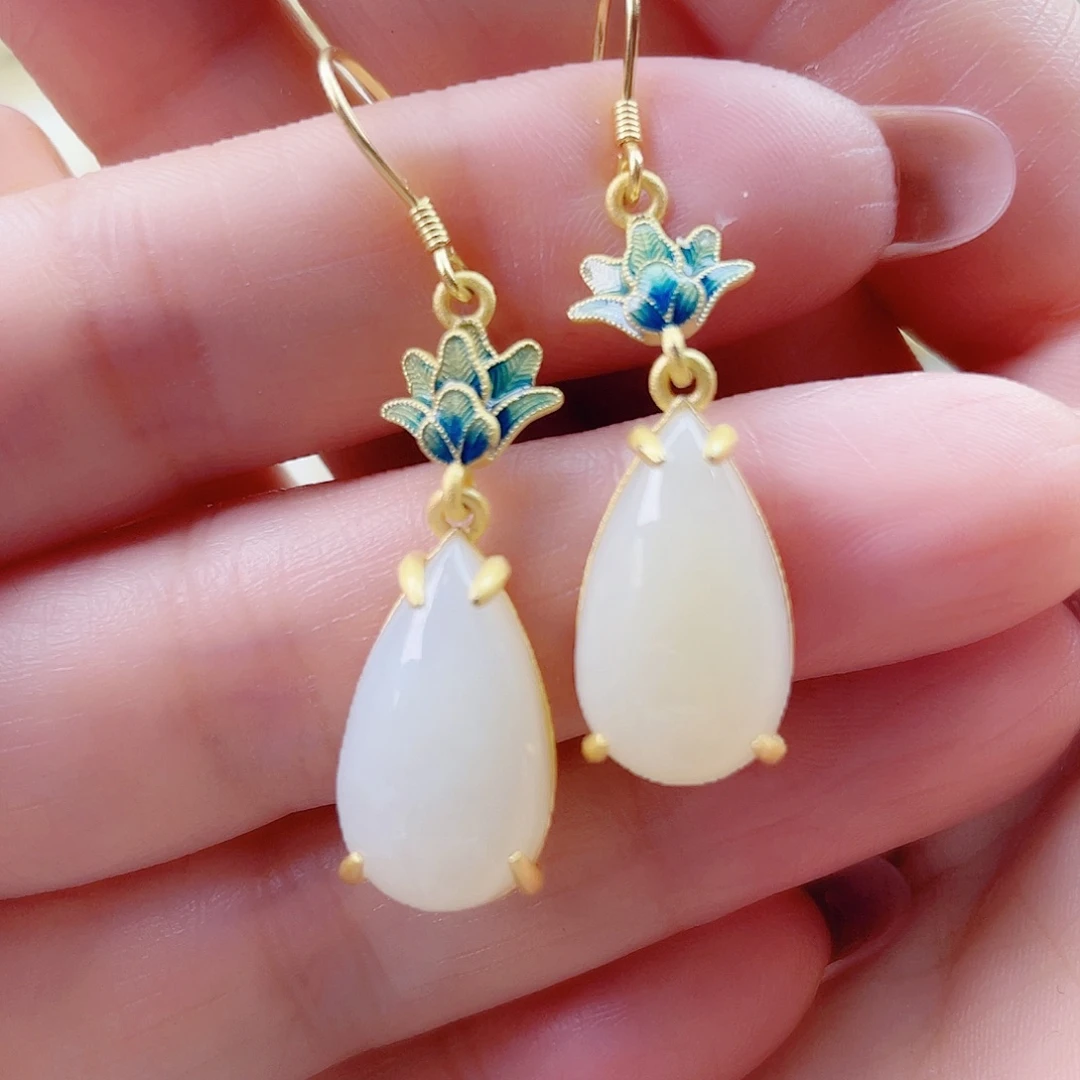 和田玉银S925镀金镶嵌耳饰