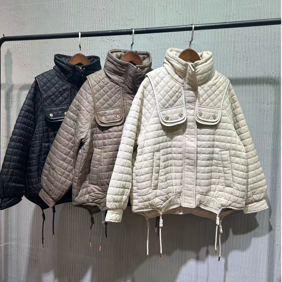 22-720秋冬季女士时尚休闲百搭中长款立领韩版保暖千鸟格外套