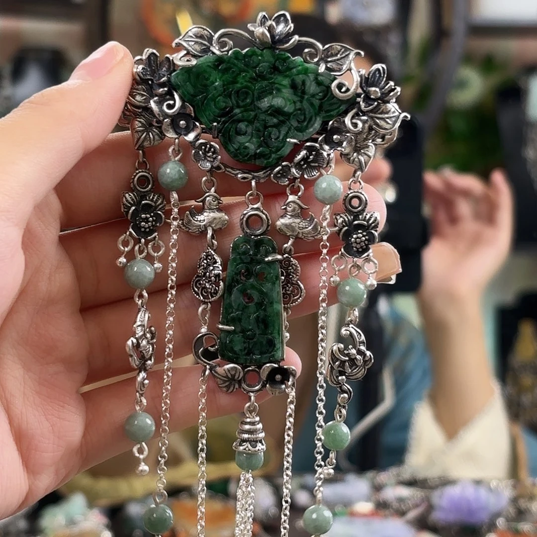 翡翠银S925镶嵌发夹翡翠