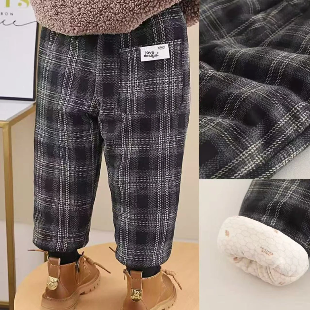 儿童加绒加厚裤子冬季宝宝外穿超厚三层夹棉保暖男童女童格子棉裤