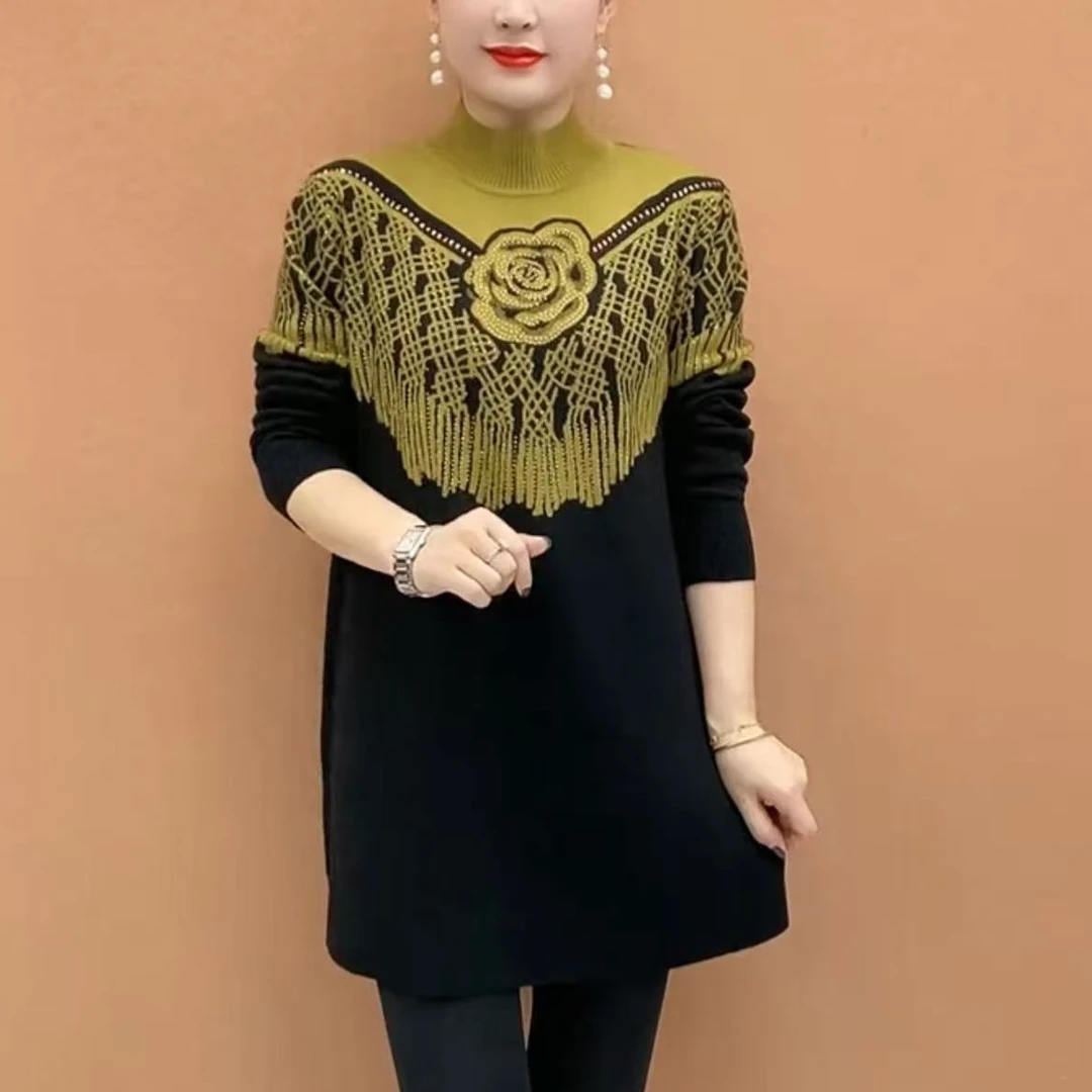 时尚提花烫钻女士中长款针织衫秋冬新款洋气宽松显瘦毛衣打底裙衫