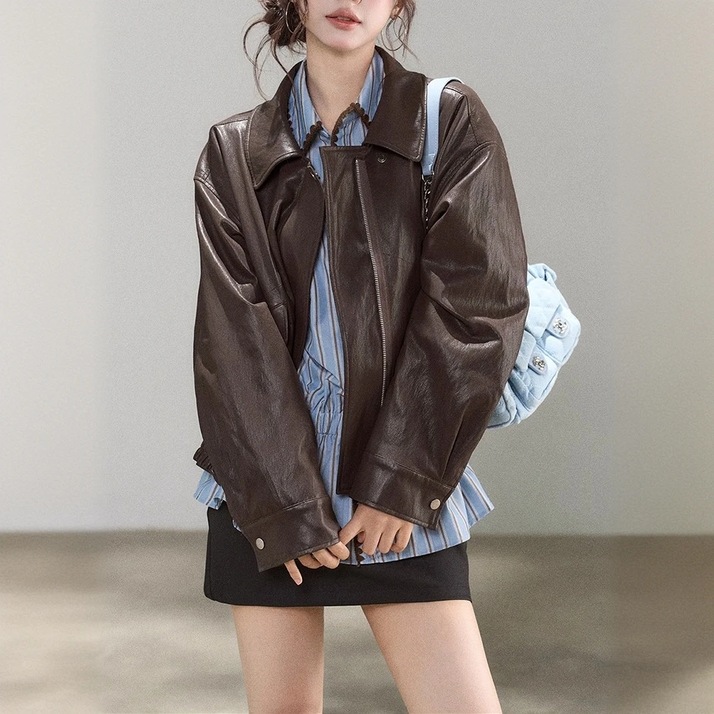 2025秋冬新款美式夹克棕色设计高级感酷飒风独特气质显瘦皮衣外套