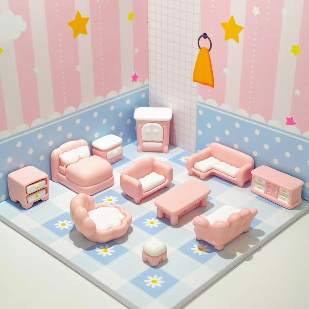 儿童过家家娃屋造景玩具可爱Q粉全套仿真迷你家具沙发创意diy摆件