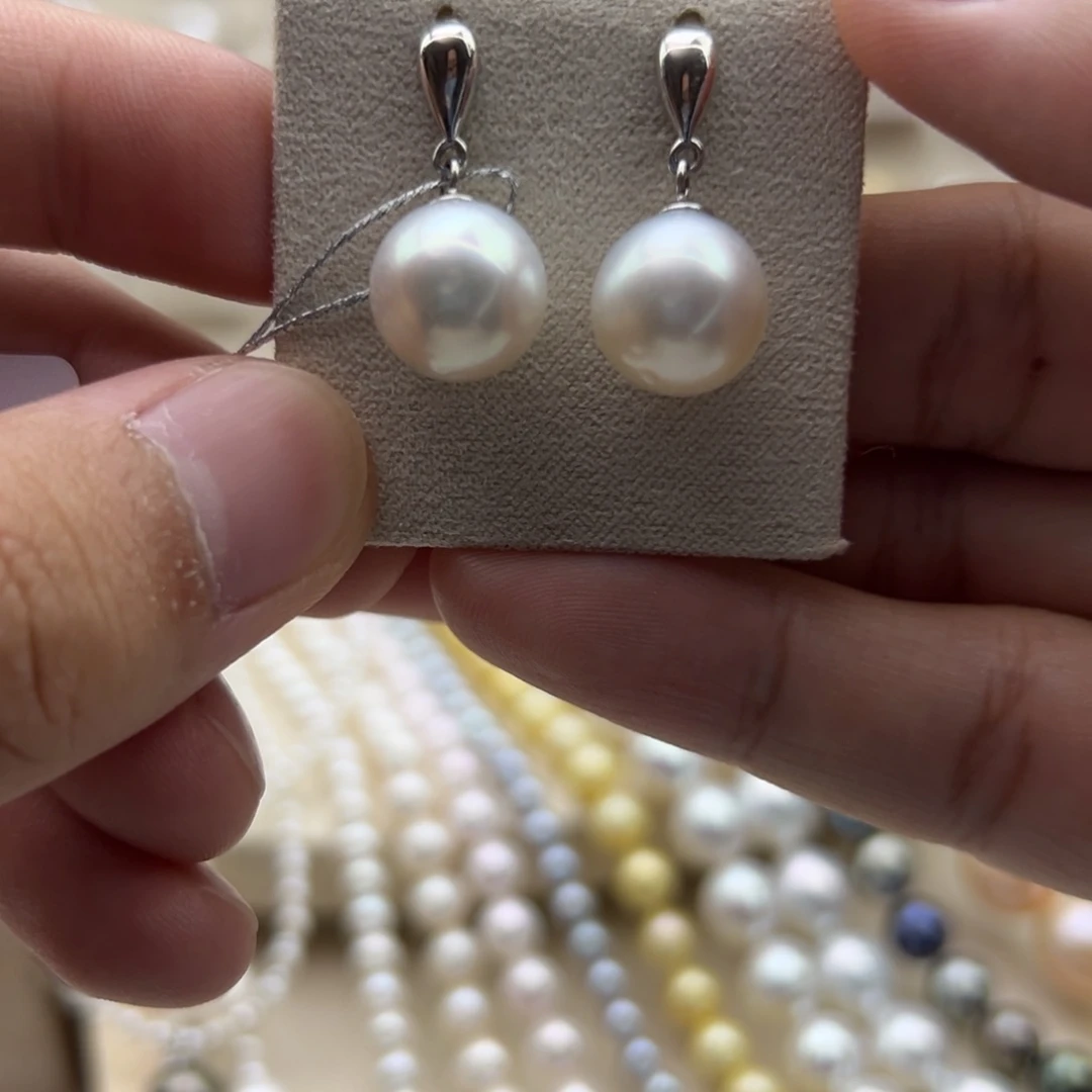 银S925镶嵌耳饰海水珍珠10.9mm近正圆澳白耳坠