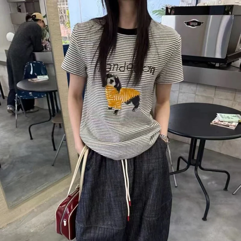 【条纹小狗】韩系学院风短袖t恤女宽松休闲慵懒半袖设计感圆领上衣