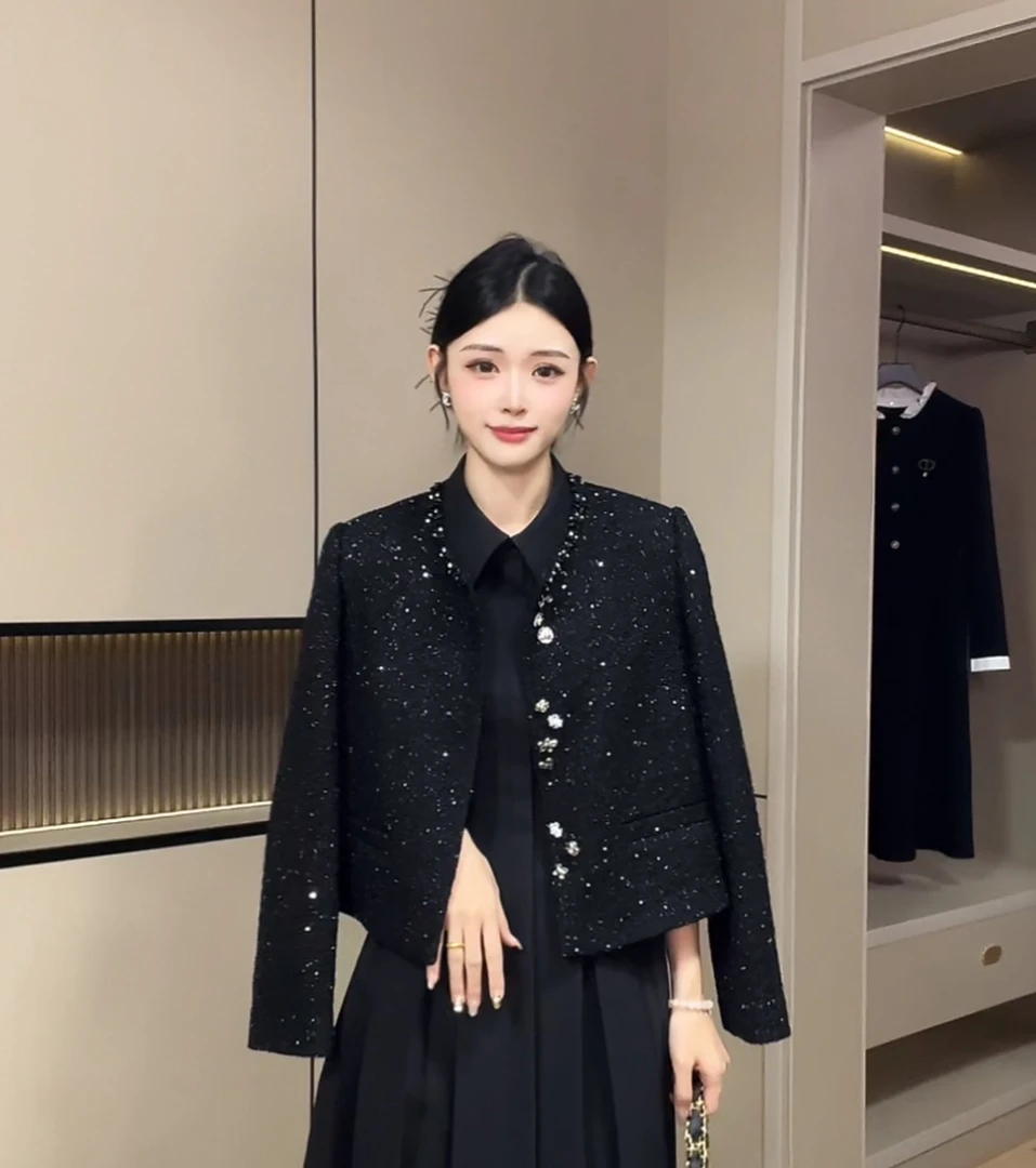 黑晶女装黑色高级感洋气小香风短外套混纺亮丝编织上衣