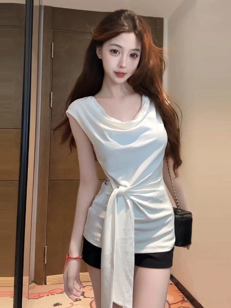 2025夏季新款法式气质高级感荡领短袖上衣绑带收腰辣妹显瘦背心女