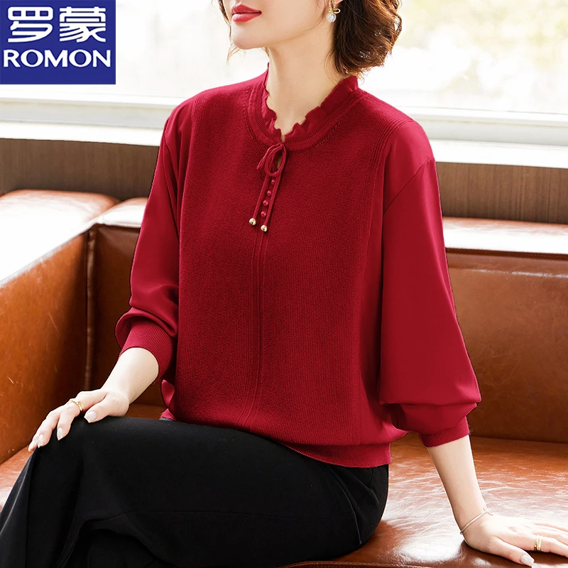 罗蒙母亲节喜婆婆喜妈妈装婚宴装休闲针织上衣中老年女春夏T恤小