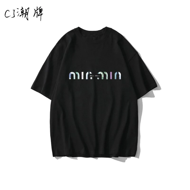 重磅短袖圆领minmin夏季落肩袖高街重工艺八彩印花圆领T恤潮流