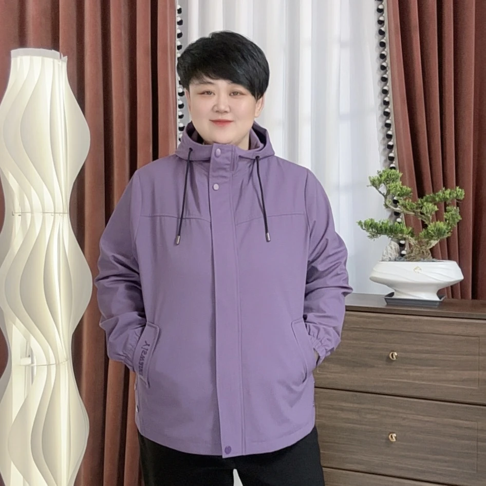 秋季新款3092大码女装纯色口袋拉链连帽冲锋衣宽松遮肉显瘦外套
