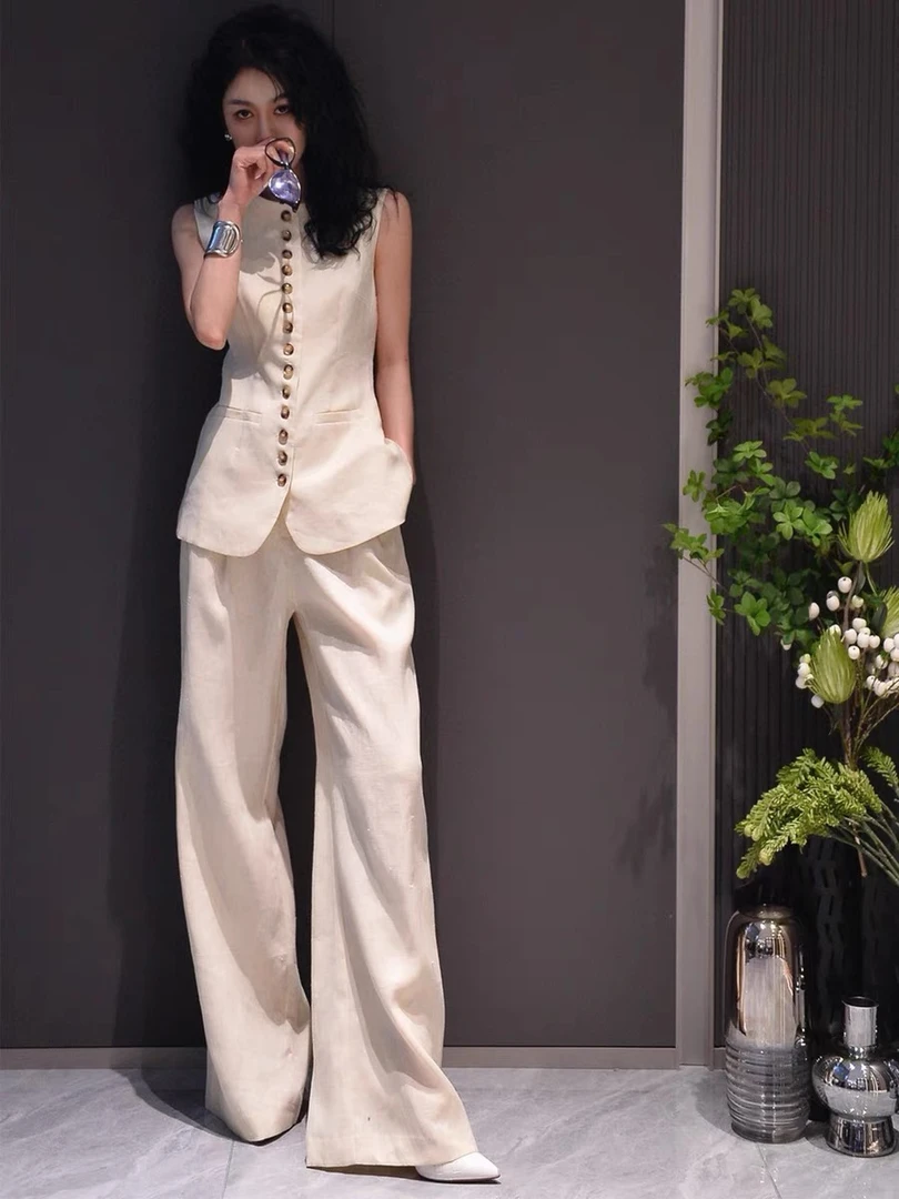 高端麻料亚麻马甲套装女设计感时尚名媛气质西装马夹阔腿裤两件套
