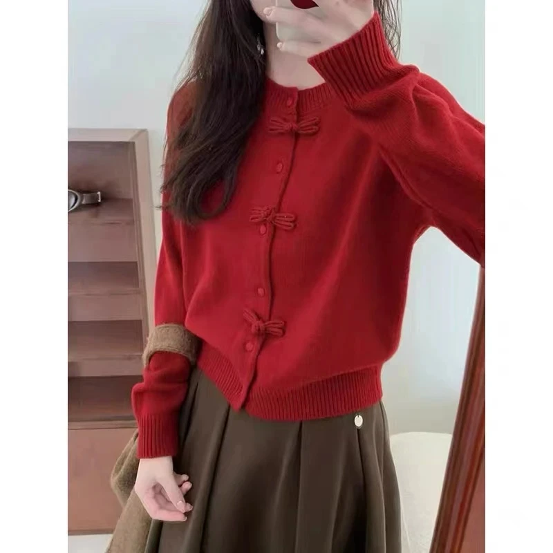 新中式拜年服新年红色毛衣加厚针织开衫冬季软糯百搭气质外套上衣