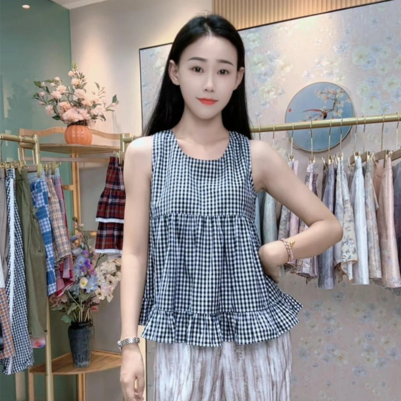 夏季新格子上衣无袖荷叶摆背心宽松型吊带小清新时尚新复古风气质