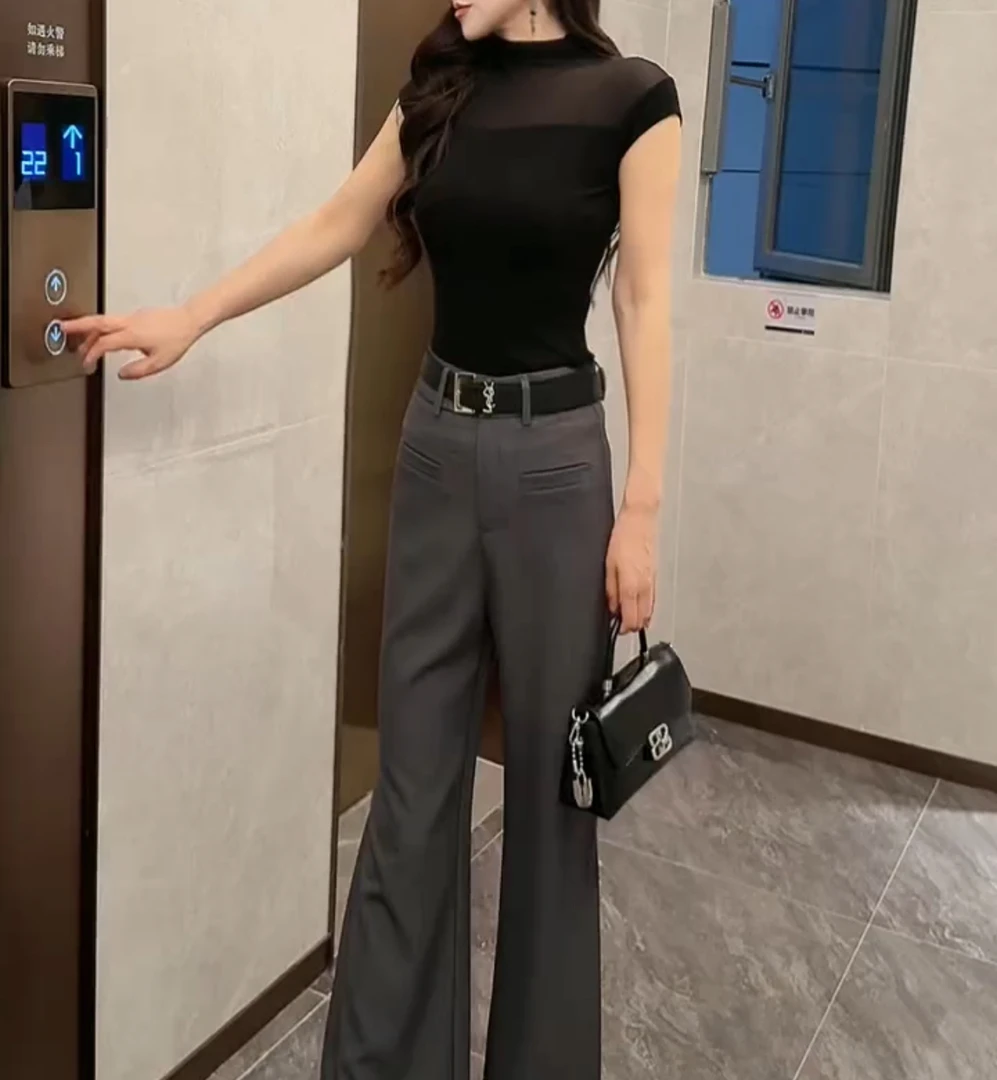 时尚百搭微透网拼接短袖打底衫