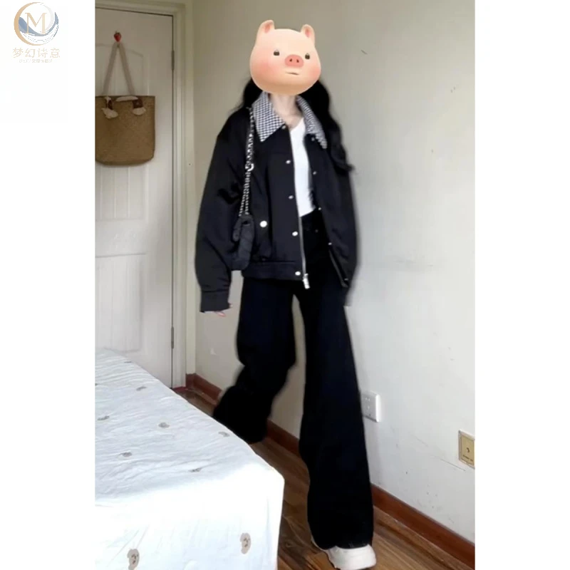 美式2025新款女秋冬翻领深棕休闲穿搭棒球服外套纯欲慵懒风女装