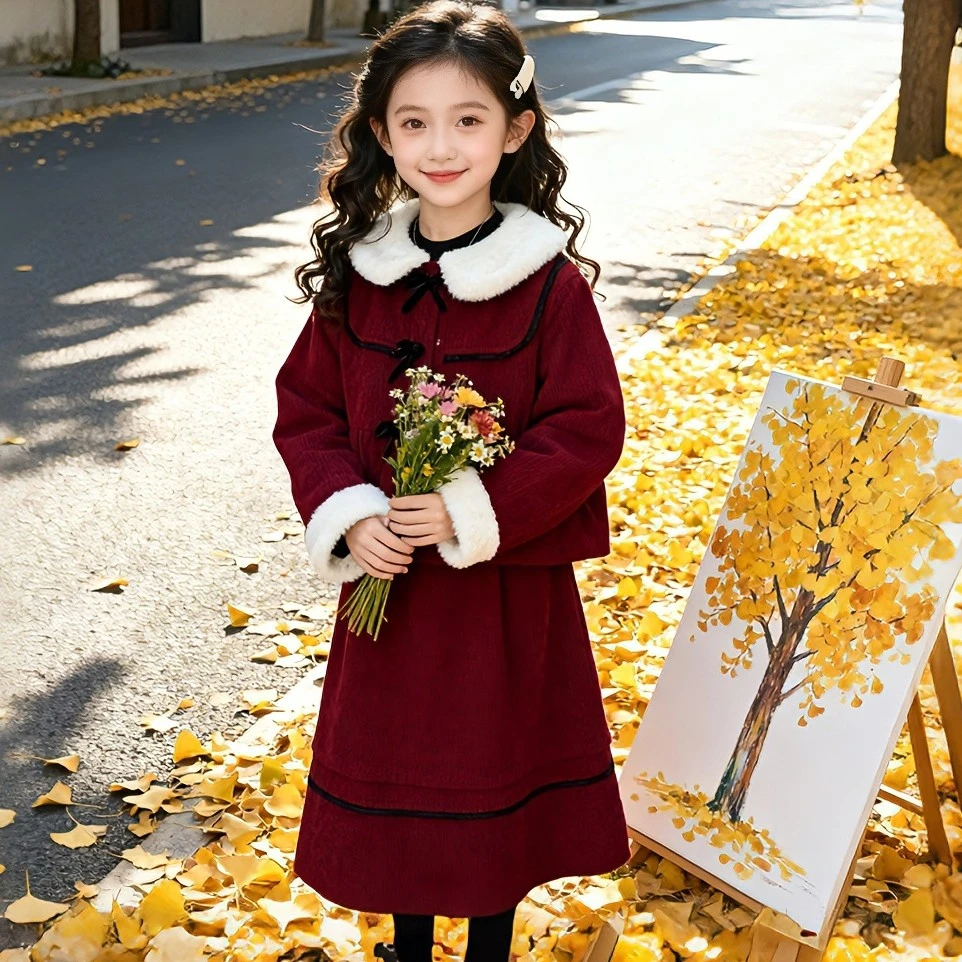 女童红色拜年服套装中大童加厚古风冬季新款夹棉连衣裙二件套装裙