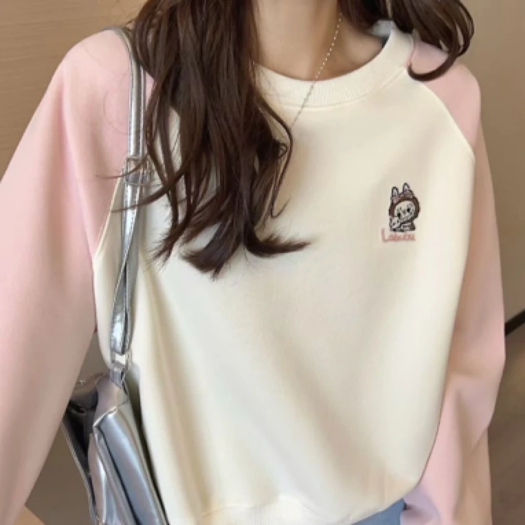 【卡通动漫】小个子春款上新图案刺绣撞色插肩袖卫衣宽松休闲上衣