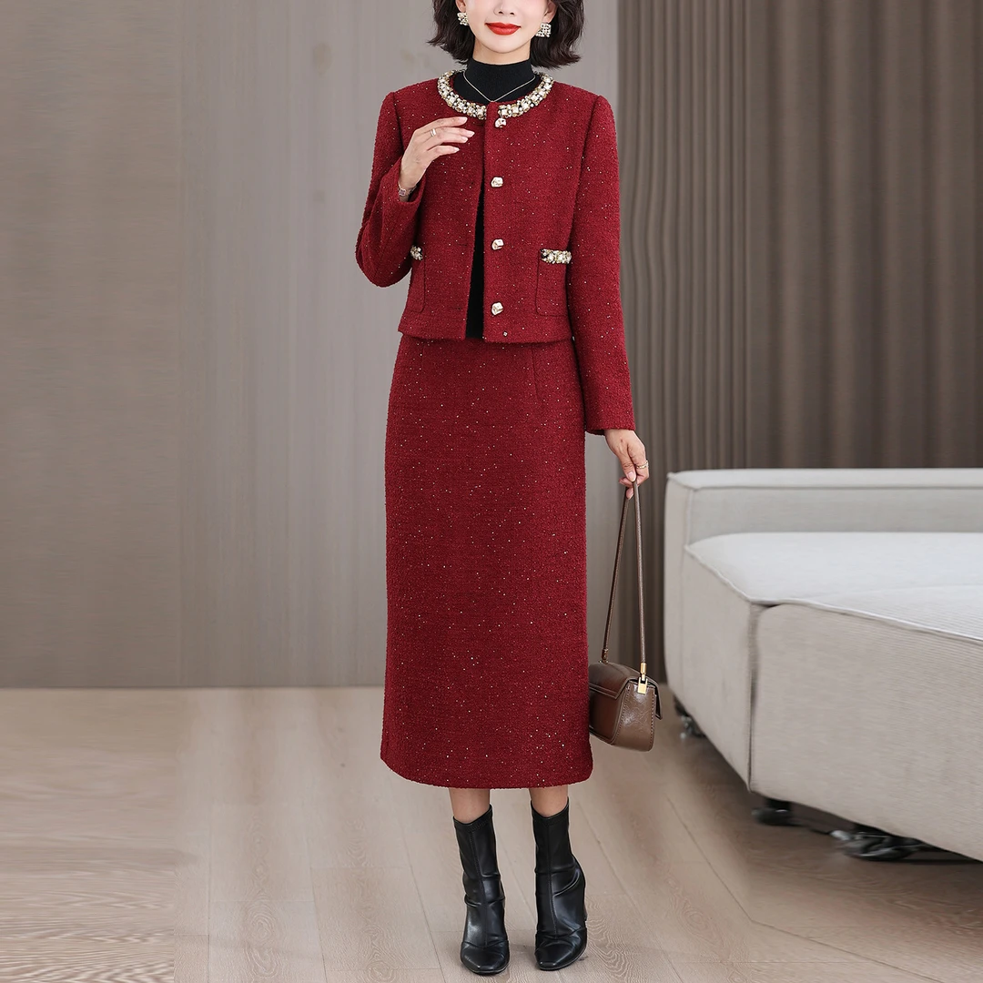喜婆婆红色结婚宴礼服2025秋冬高级感减龄时尚小香风套装