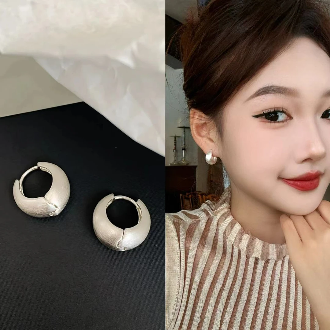 韩芸汐  A-283 银色手工拉丝耳圈高级感韩系气质女经典耳