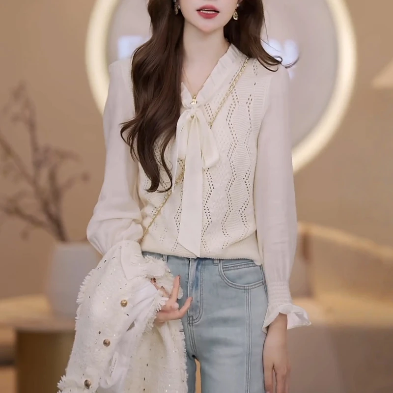 法式温柔风蝴蝶系带镂空长袖衬衫女2026春秋新款洋气减龄打底上衣